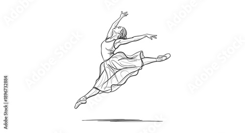 dynamic black and white sketch of a graceful female ballet dancer leaping mid-air showcasing elegance and fluid movement for artistic and performance themes