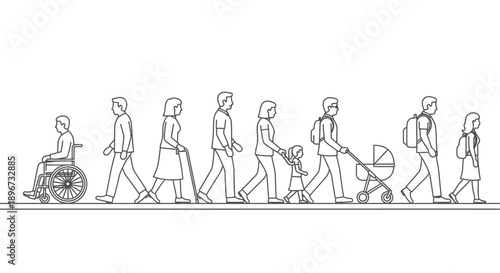 diverse people walking forward symbolizing community inclusion and lifes journey encompassing all ages and abilities.