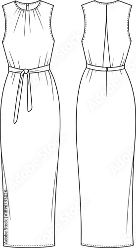 Women's sleeveless column maxi dress technical flat sketch, featuring gathered high neckline, waist tie belt, back slit, front and back view, isolated vector illustration template.