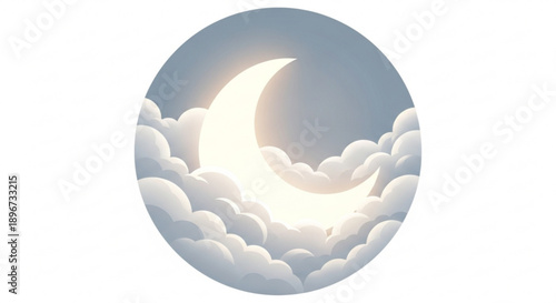 Glowing crescent moon in a serene night sky with soft white clouds and a dreamy atmosphere