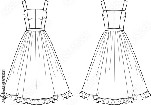 Women's sleeveless midi sundress technical flat sketch, featuring a fitted bodice, wide straps, gathered voluminous skirt, and ruffled hemline detail, isolated vector illustration template.