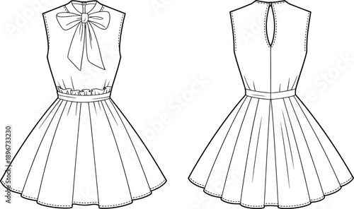 Women's sleeveless party dress technical flat sketch, featuring large back bow detail, round neck, full flared skirt, front and back view, isolated vector illustration template.
