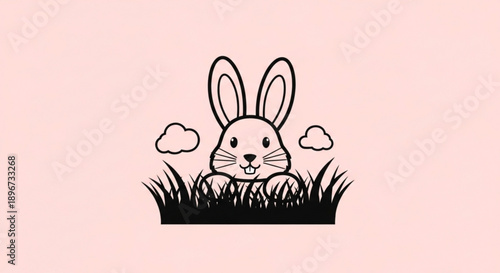 Cute bunny in grass with clouds simple cartoon illustration sweet animal design easter concept childlike drawing