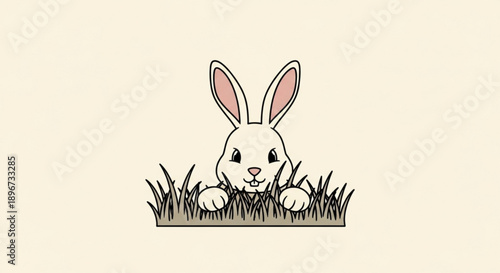 Cute white bunny hiding in green grass with eggs spring concept adorable animal illustration