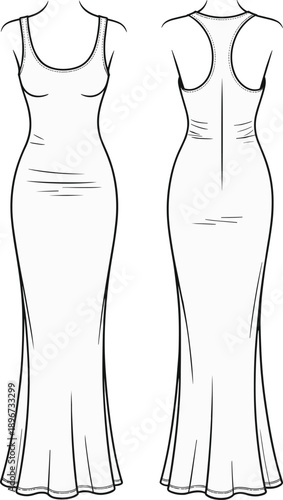 Women's sleeveless racerback maxi dress technical flat sketch, scoop neckline, fitted bodycon silhouette, long length, front and back view, isolated vector illustration design template.