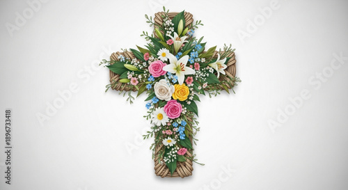 Colorful floral cross with roses lilies and greenery on a light background symbolizing faith and spirituality