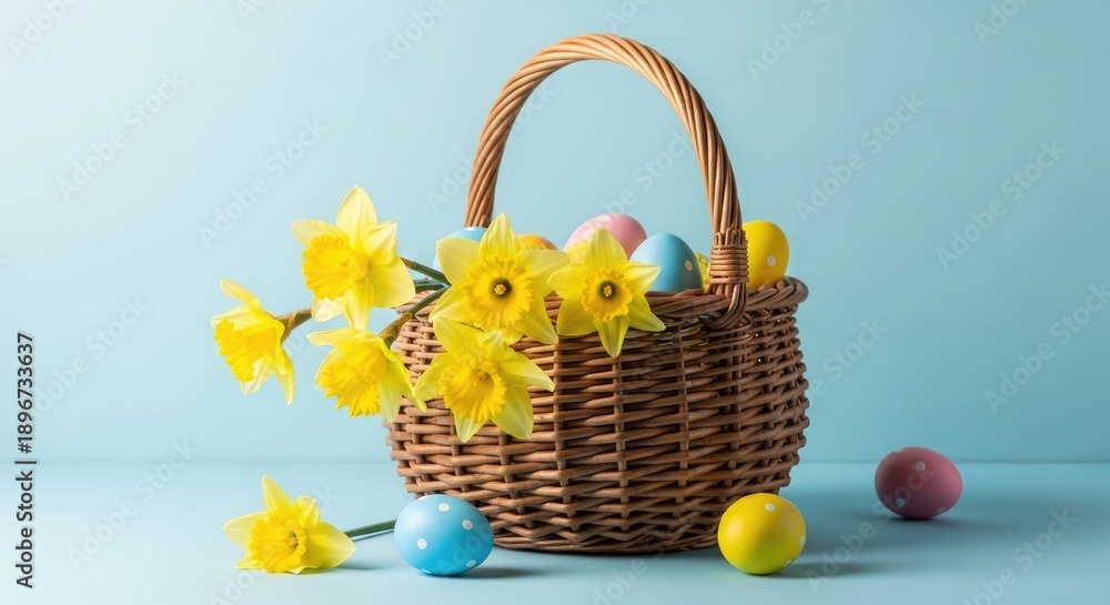 Naklejka premium Easter sunday celebration with colorful eggs and flowers in a woven basket