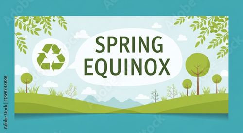 Spring equinox greeting card with recycling symbol and nature landscape