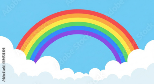Vibrant rainbow arcing across a serene blue sky with fluffy white clouds symbolizing hope and positivity in a natural landscape