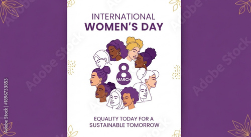 International women's day poster with diverse faces and equality slogan for sustainable tomorrow