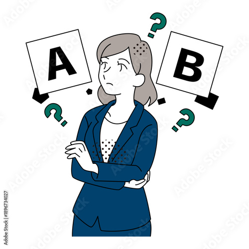 AとBの選択肢で迷うビジネスウーマンのイラスト