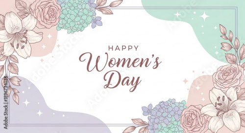 Happy women's day celebration with floral border and pastel colors for social media