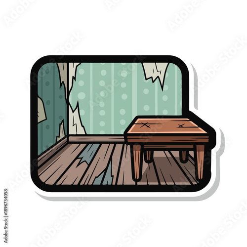 A dilapidated room with a wooden table
