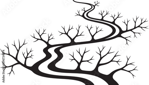 Black tree branches with winding river on white background