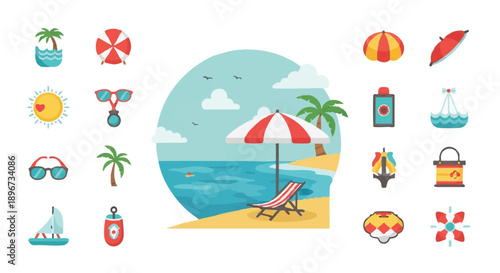 Flat Design Summer Beach Vacation Icons Set. Tropical Holiday Objects Collection including Umbrella, Sun, Palm Tree, and Deck Chair.