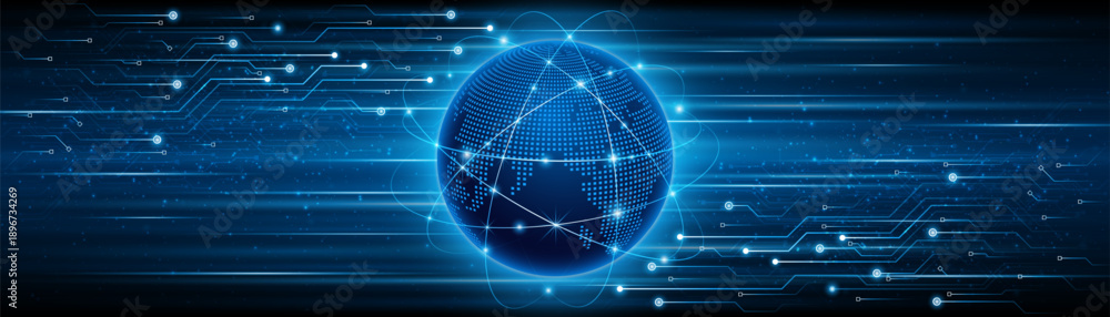 Fototapeta premium Concept of global network connection. World map. Modern internet network connection technology. High speed internet or fast wireless data transmission.