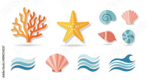 Flat Design Ocean Icons Set: Coral, Starfish, Seashells, and Waves. Marine life vector collection for beach and summer themes.