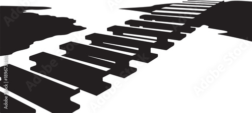 Black and white piano keyboard keys on white background