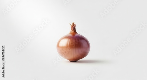 A perfectly formed single brown onion displayed against a pristine minimalist white background