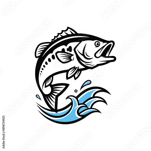 Illustration of a leaping fish with an open mouth, depicted in a black and blue line art style against a white background.