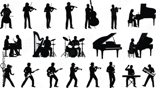 Collection of musician silhouettes performing with instruments showing live music band orchestra concert creativity and artistic performance concept illustration