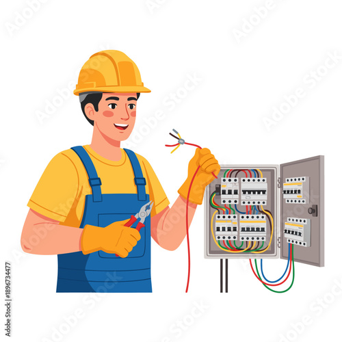 Smiling Electrician Working with Wires and Electrical Panel Professional Electrical Maintenance Vector Illustration