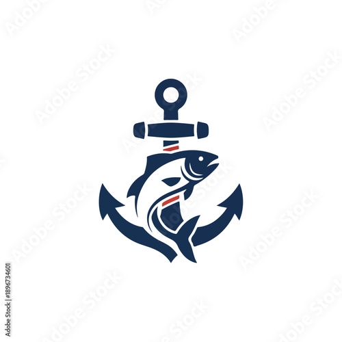 Navy blue and white illustration of a fish caught in an anchor with a red stripe, on a plain white background.
