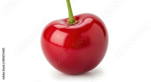 Vibrant single red cherry with a fresh green stem poised elegantly on a pristine white surface