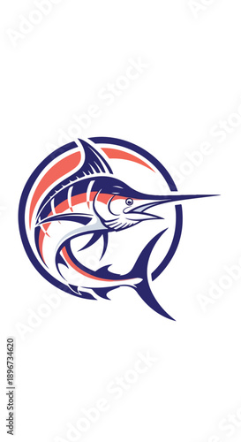 Logo of a blue marlin fish with red and white accents on a circular background.