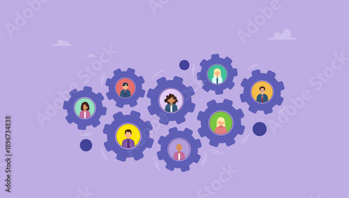 Diverse business people working in rotate connected cogwheels gear. Team or organization, office role or job position or skills to drive company, teamwork or collaboration for success, team effort.