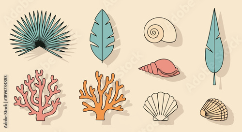 Summer Retro Outline Vector Set. Tropical Palm Leaves, Coral, and Seashell Icons Collection with Vintage Drop Shadow Effect.
