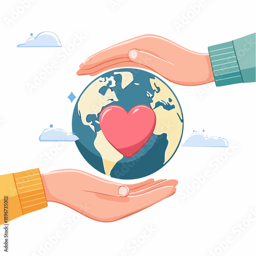 Hands protecting a heart-shaped planet, symbolizing care for Earth and environmental protection