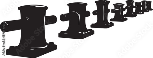 Black chess pieces in a row on white background