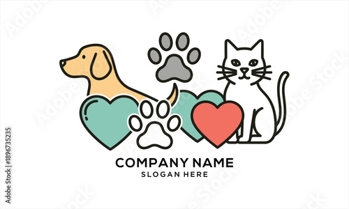 Dog and cat with hearts and paw prints pet care logo.