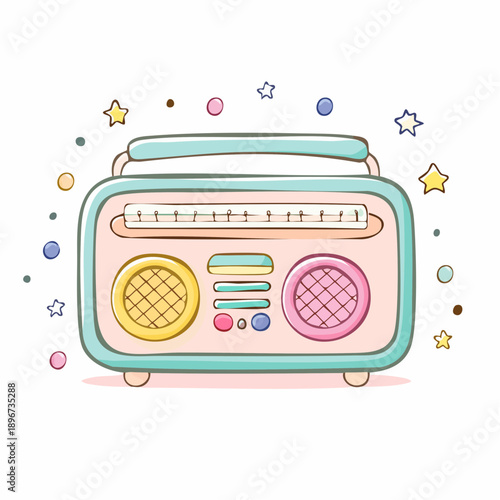 Retro-style portable music player with colorful buttons and decorative stars, perfect for nostalgic and vintage themes