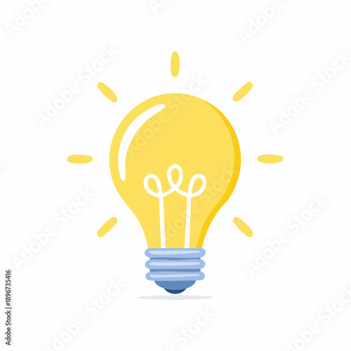 A bright yellow lightbulb with glowing rays on a white background, symbolizing an idea or inspiration