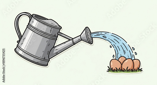Watering can pouring water on eggs in grass simple illustration with water flow gray can and brown eggs