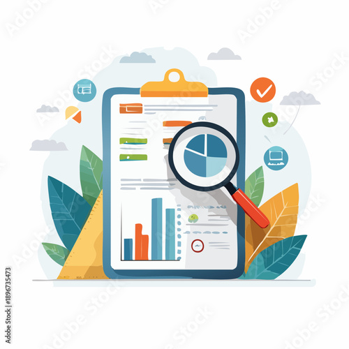 Data analysis and visualization of business performance with charts and graphs on a clipboard, highlighting insights and trends