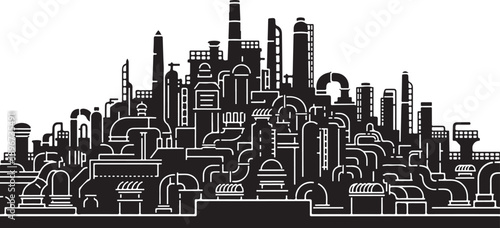 Black and white cityscape with industrial buildings and skyscrapers