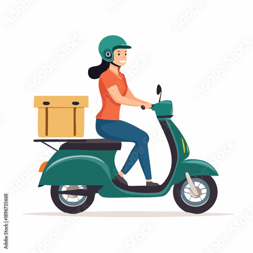 Delivery person on a green scooter with a package on the back, ideal for logistics and courier services