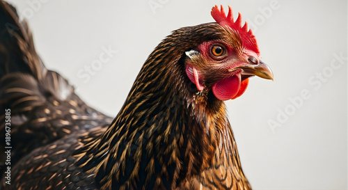 Close-up portrait of brown chicken with sharp feather detail