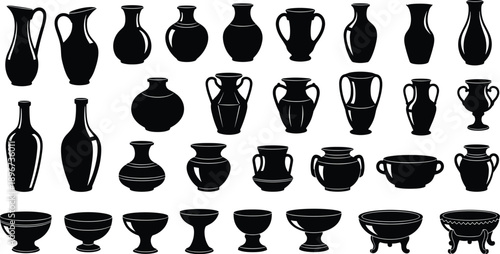 Collection of Ancient Pottery Silhouette Vector Illustration Set, Different Greek Vase Shapes Amphora Jug Bowl and Pitcher for Museum History and Antique Design