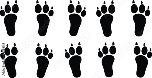 Collection of Bear Paw Print Silhouette Vector Illustration Set, Different Wild Animal Footprint Track Marks for Nature Wildlife Conservation Forest and Hunting Design