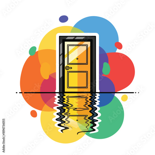 A door standing in water with colorful background