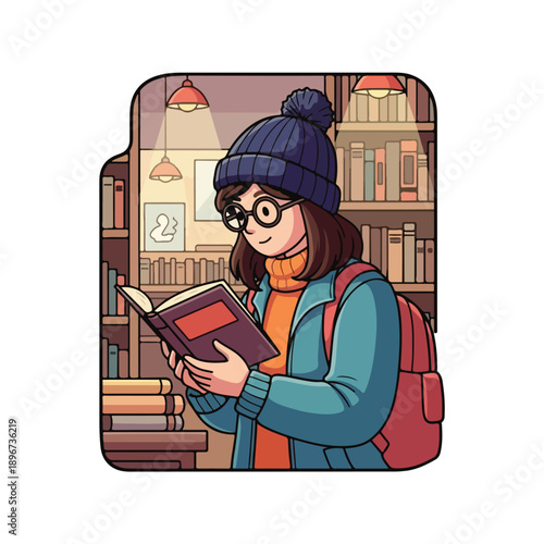A girl reading a book in a library