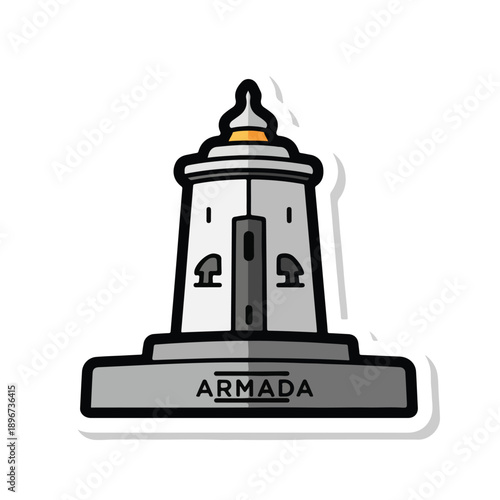 A gray lighthouse with a yellow light on a base