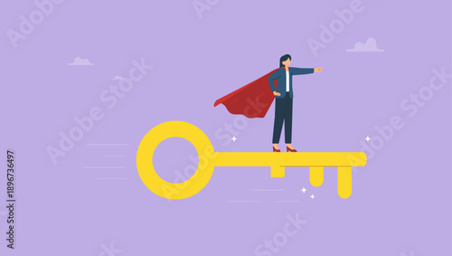 Businesswoman leader ride gold key success. Key success to unlock true potential to win business or career improvement, moving forward for bright future, new opportunity or business direction.