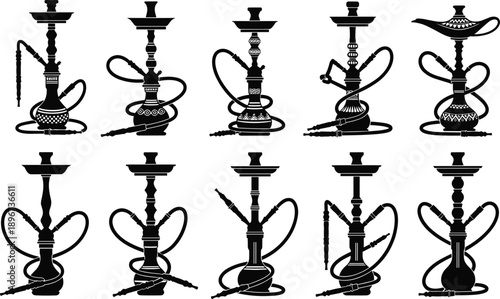 Collection of hookah silhouettes featuring traditional shisha water pipes, decorative black smoking icons isolated on white background for culture, lounge, and design themes