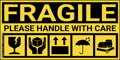 sticker fragile handle with care, black and yellow fragile warning label, fragile label with broken glass symbol, vector asset