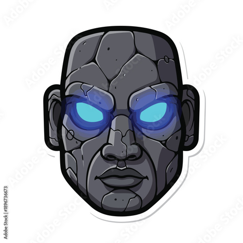 A gray stone-like humanoid face with blue glowing eyes